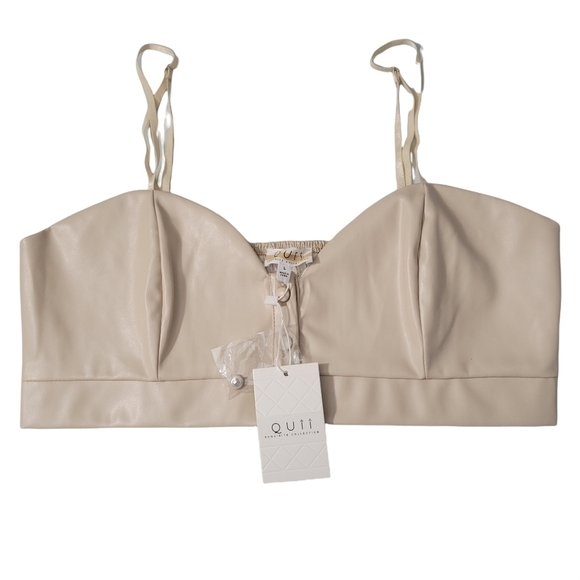 Quii Beige Faux Leather Button Up Crop Top NWT - Picture 1 of 8